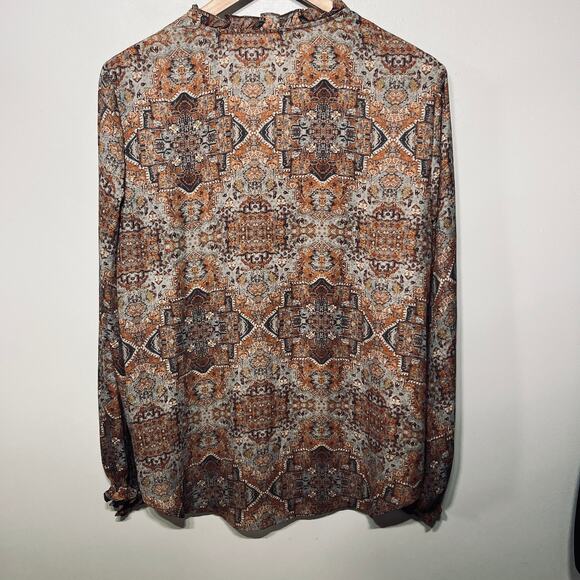 Violet + Claire Blouse Tunic Brown Gray Floral Paisley Fall Balloon Sleeve XL - Picture 3 of 6